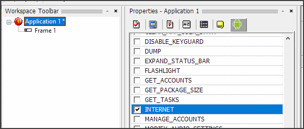INTERNET permission is under the Android application properties tab.