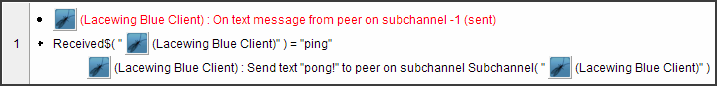 Fusion event, 2 conditions, 1 action. Bluewing Client: On text message from peer on subchannel minus 1, sent, and Received Text of Bluewing equals ping, then action, Bluewing Client: send text pong to peer on subchannel, Subchannel expression of Bluewing