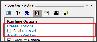 An Active object&apos;s Runtime properties, with Create at start set to unchecked.