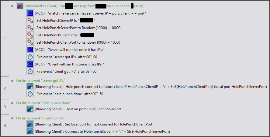 Server immediately hole punches to client. After half a second, server hosts on same port. Client waits 3 seconds, sets local port, then connects normally.