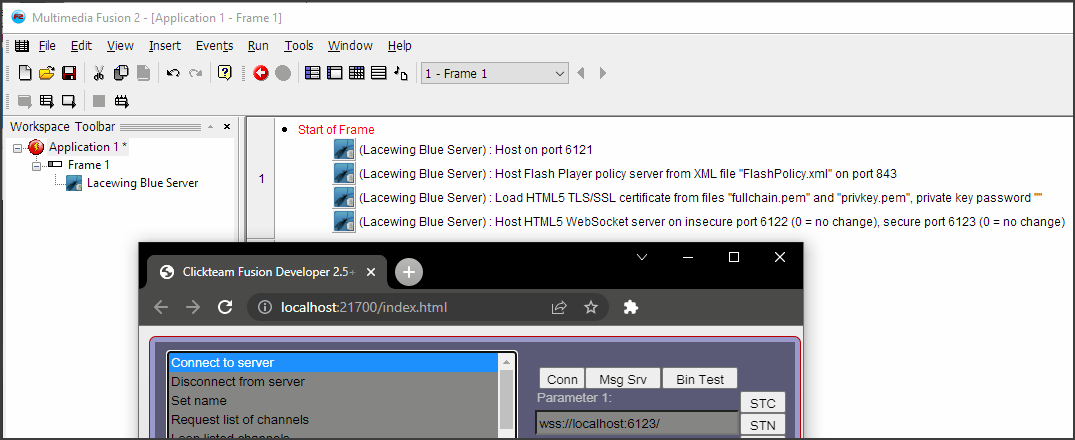 Host on HTML5 port 6122 and 6123. Connect with W.S.S. colon slash slash, server ip or domain, colon, port number, then slash.