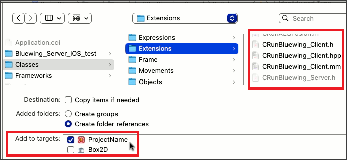 Selecting Classes/Extensions, CRunBluewing three files. Also, in box below, add to targets has checkbox checked for Project Name.